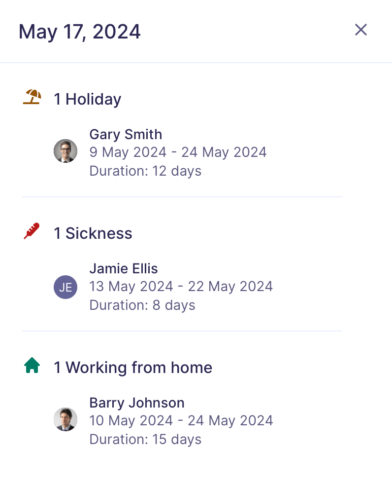 Holidays, sickness and other events